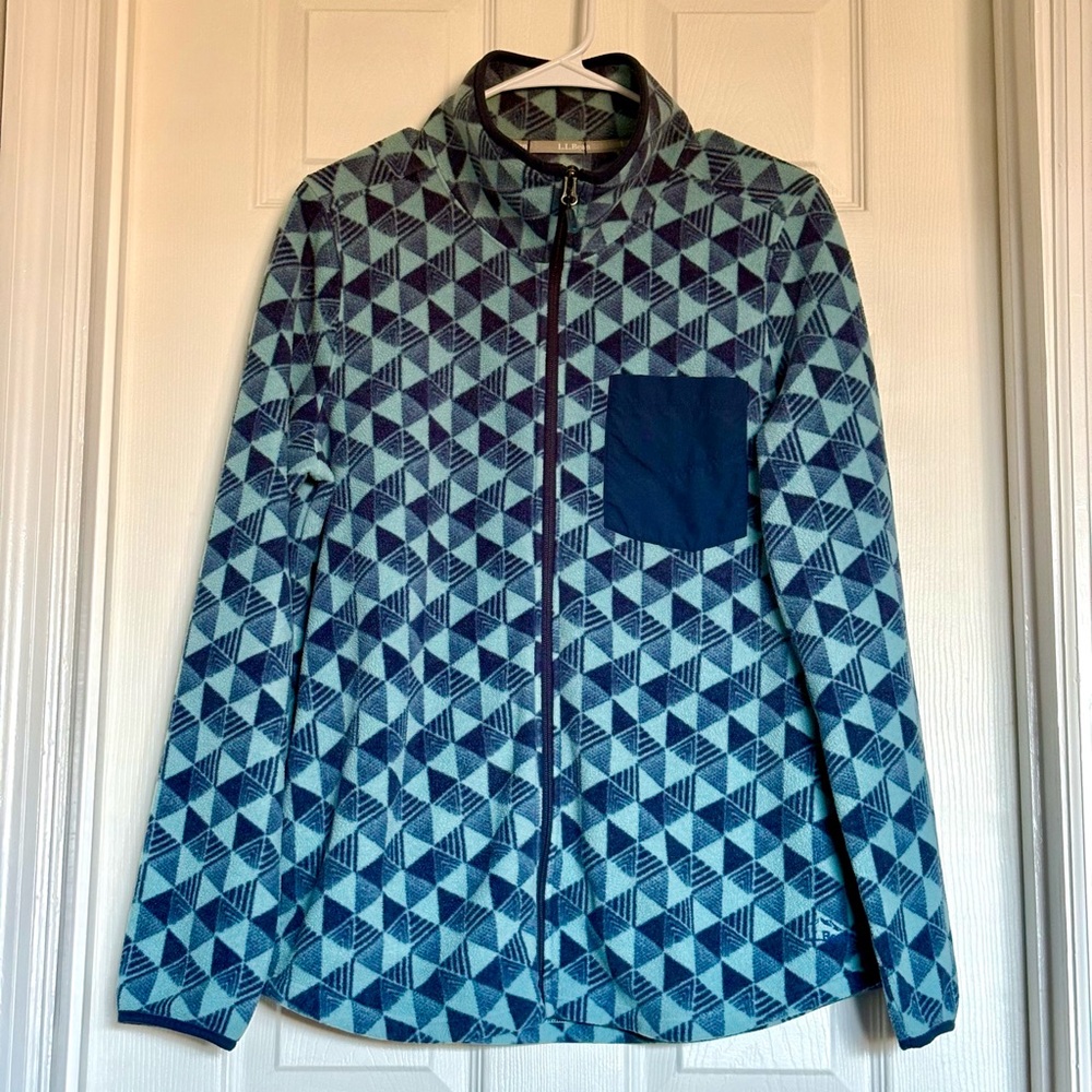 Vintage L.L. Bean Women's Blue Geometric Print Fleece Zip Jacket - SIZE L